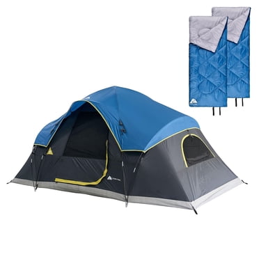 Ensemble de camping Ozark Trail 3 pièces, pour 6 personnes maximum, bleu, comprend 2 sacs de couchage, un double-toit et un sac de transport.