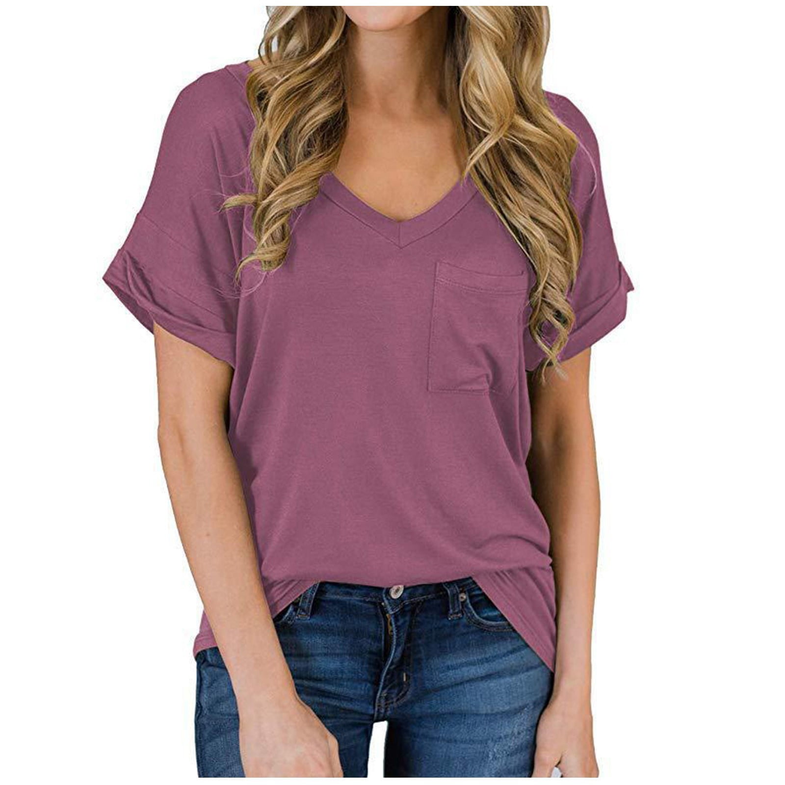 Womens Solid Short Sleeve V-Neck Casual Pockets Tee Tops T Shirt