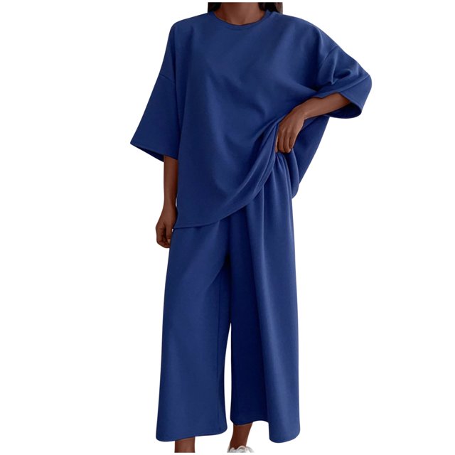 Mikilon Ensemble Élégant pour Femmes 2 Pcs Manches Courtes Couleur Unie Col Rond (Haut + Pantalon) Mode Manches Courtes Ensemble Chemise Col Rond Bleu m