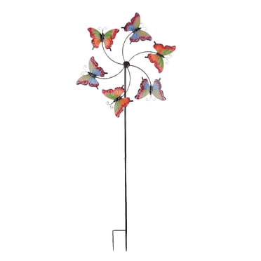 Butterfly Wind Spinner Stake, 71 Inch Embossed Multicolor Metal