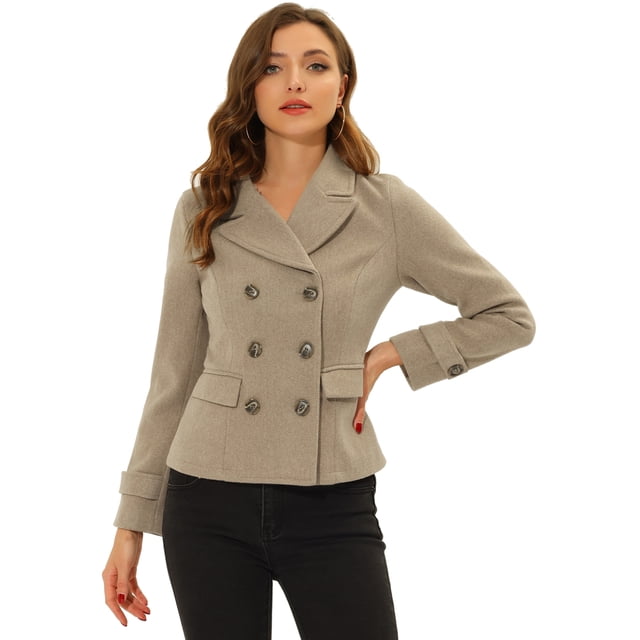 INSPIRE CHIC Women's Winter Worsted Notched Lapel Double Breasted Short Peacoat Light Brown M