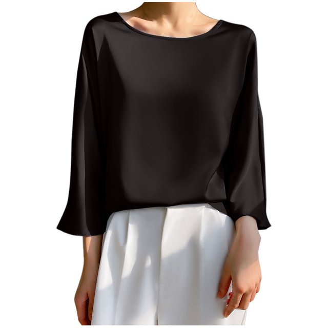 Timegard Hauts pour Femmes Satin Manches 3/4 Encolure Dégagée Lissant T-Shirts Unis Décontractés Amples