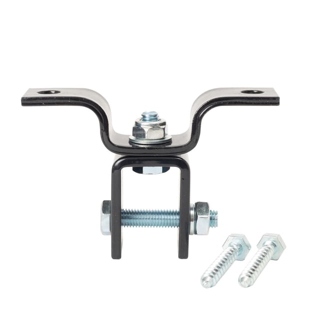 GoZone Heavy Bag Wood Beam Hanger Mount in black enamel-coated steel with U-shaped bracket and rotating swivel hinge secured by bolts and nuts, including two mounting screws, designed for attaching heavy bags to wooden beams for boxing workouts.