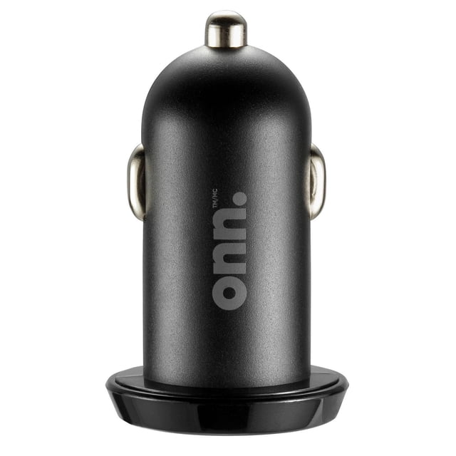 onn. Dual USB-A Ports 2.4 Amp Car Charger in matte black with a compact cylindrical design, featuring two metal side contacts and a glossy black base, ideal as a car power adapter for charging multiple devices simultaneously with a blue LED indicator.