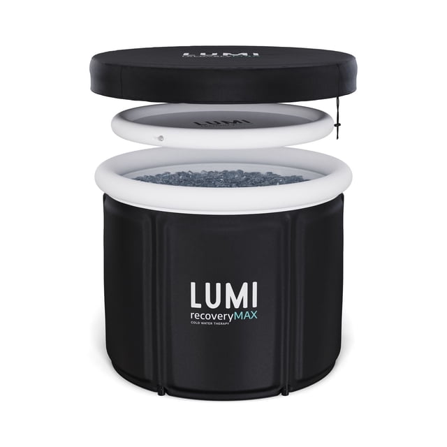 Lumi Therapy Recovery Pod MAX portable insulated ice bath with black exterior and white inner ring, featuring 5 layers of thermal insulated TPE protection to keep water cold at a steady temperature, shown open with ice inside for cold water therapy and recovery.