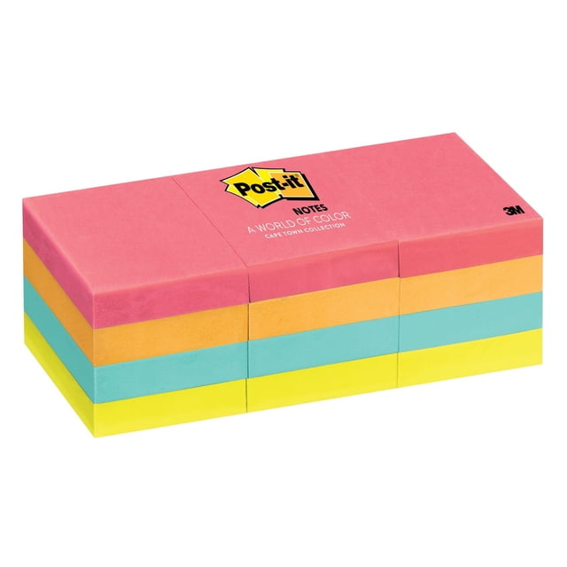 POST - IT Post-it® Notes, Cape Town Collection showing a rectangular stack of four sticky note pads in pink, orange, turquoise, and yellow with the Post-it logo and 'A World of Color' text on the top pad, designed for jotting notes and organizing tasks with repositionable adhesive that sticks securely and removes cleanly.