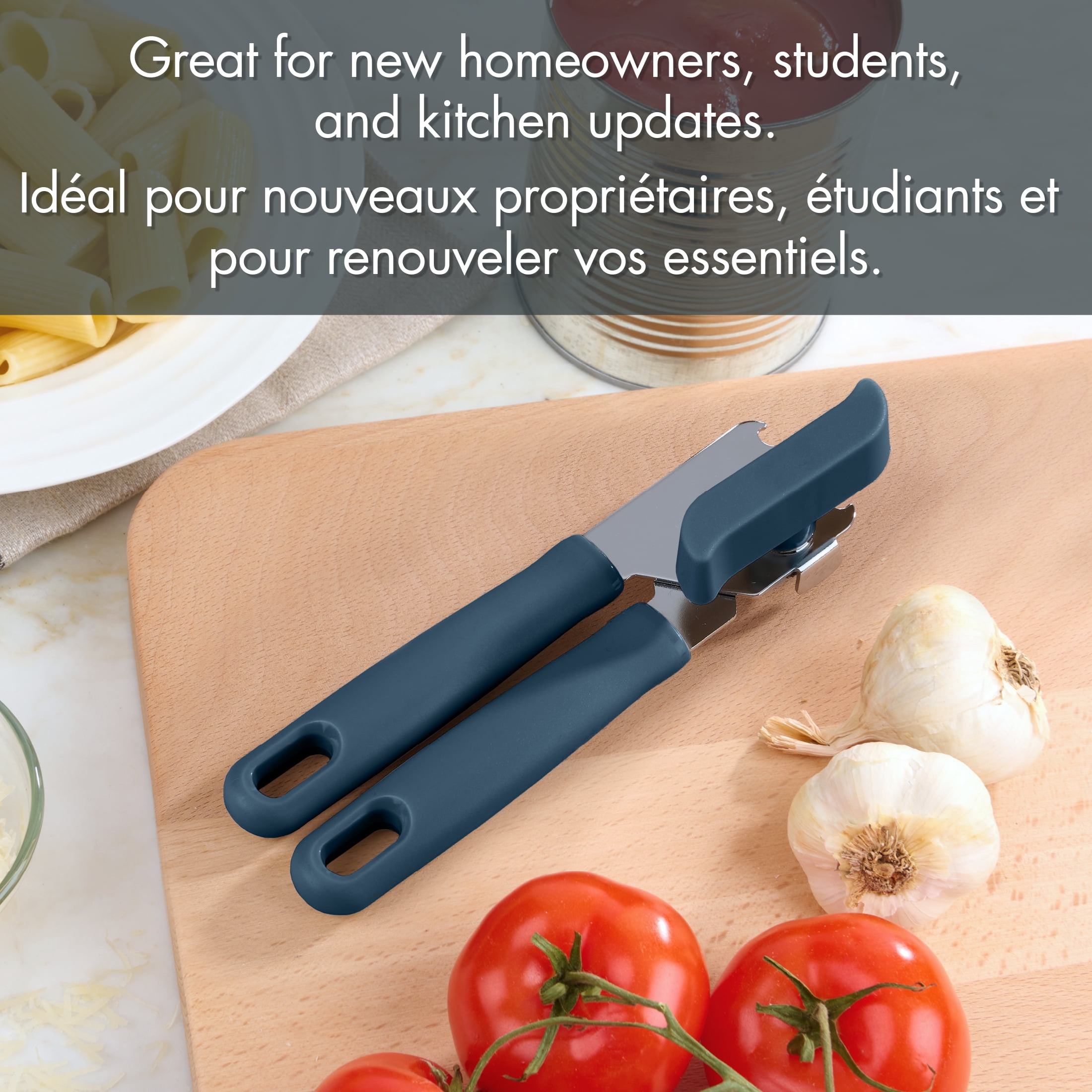 Mainstays Kitchen Manual Can Opener with Integrated Bottle Opener, Ergonomic Handle, 20 cm, Navy