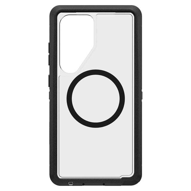 OtterBox Defender Pro XT Clear Magnets Case Dark Side for Samsung Galaxy S25 Ultra with a clear back panel featuring a black circular magnet alignment ring, rugged black rubber edges for enhanced grip and drop protection, raised bezels protecting camera and screen, and built-in anchors for phone straps, compatible with wireless charging and designed for durability