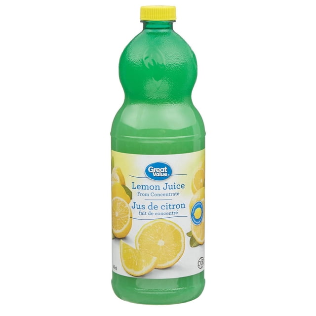 Great Value Lemon Juice From Concentrate in a 946 mL green plastic bottle with a yellow cap, featuring a label with lemon slices and bilingual English-French text, ideal for cooking, baking, and as a natural flavor enhancer.