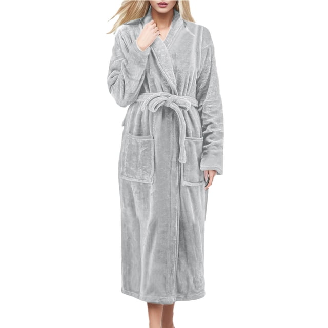 Kcodviy Robes for Women Long Women's Kimono Robe Plus Size Cotton Cloth Robes in a plush, teddy fleece design with a light grey colour. This plus size bathrobe features a waist tie for adjustable fit and two side pockets for convenience. Made from 260 GSM microfiber polyester, it is soft, lightweight, and durable. Ideal for women's loungewear or as a cozy bathrobe.