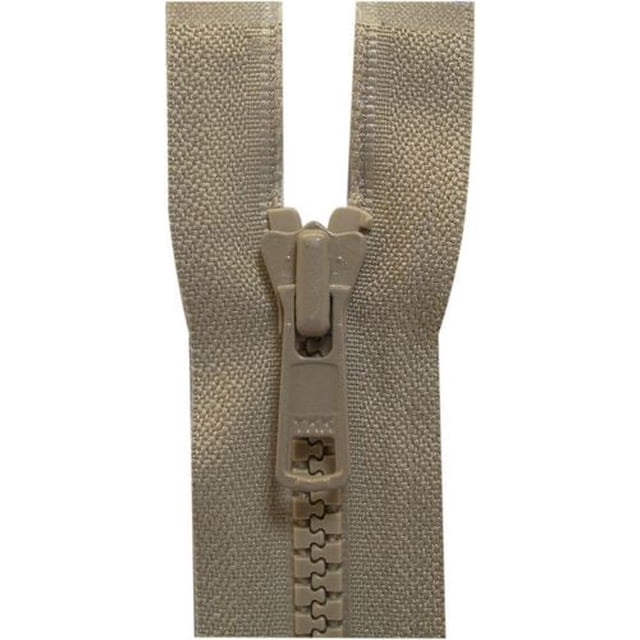 Costumakers One-Way Separating Zipper 65 cm (25.6), #5 Molded Teeth, Light Beige close-up showing the light beige medium-weight zipper with molded #5 plastic teeth and one-way separating slider, ideal for sewing fasteners in jackets and coats, often used in sportswear and outerwear.