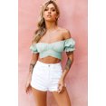 thumbnail image 2 of Women's Ruffle Short Sleeve Tie Up Back Crop Top Off Shoulder Bardot Blouse,Mint Green,M, 2 of 7