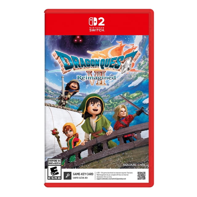 Dragon Quest VII Réinventé Nintendo Switch 2 Étui de Carte-Clé de Jeu Montrant Quatre Personnages sur un Navire en Bois Naviguant à Travers un Monde Fantastique vibrant avec des Îles et l'Océan, sous un Ciel avec un vortex Sombre avec des Yeux Rouges Lumineux.