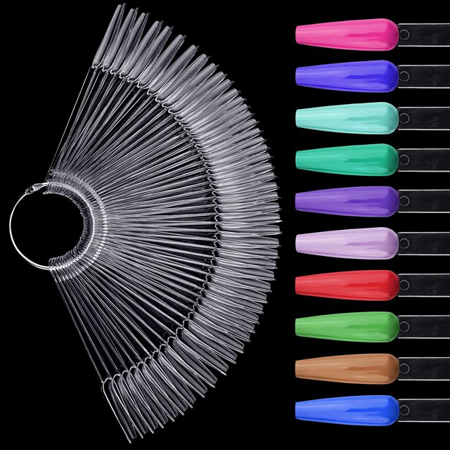 2 Sets 100 Tips Coffin Ballerina Fan Shape Plastic Nail Art Tips Display Polish Board Display Practice Sticks with Metal Split Ring Holder,NT080 (Natural)
