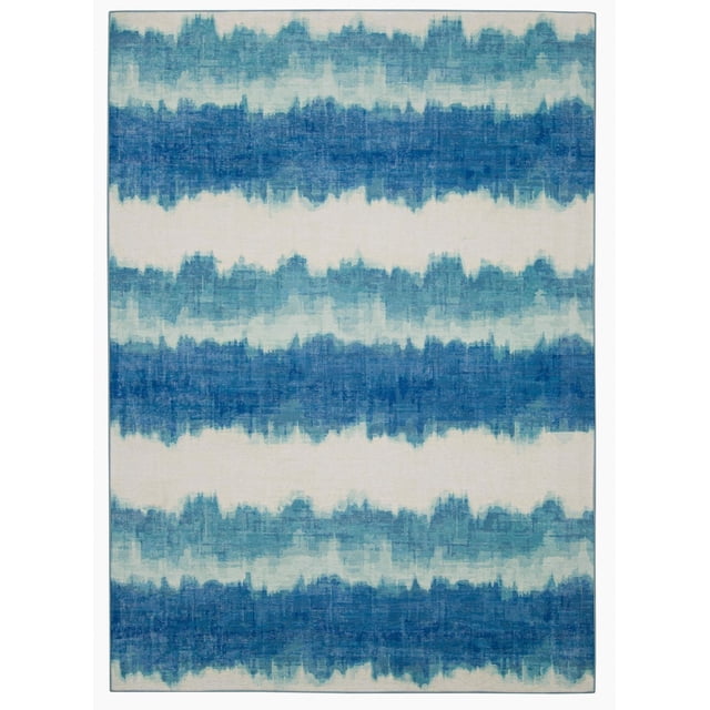 Outdoor Washable Apopka Ivory & Blue 5' x 7' Area Rug with horizontal abstract stripes in shades of blue and ivory, featuring a flat pile, UV fade resistance, quick-dry material, and machine washable design ideal for indoor and outdoor high traffic areas.