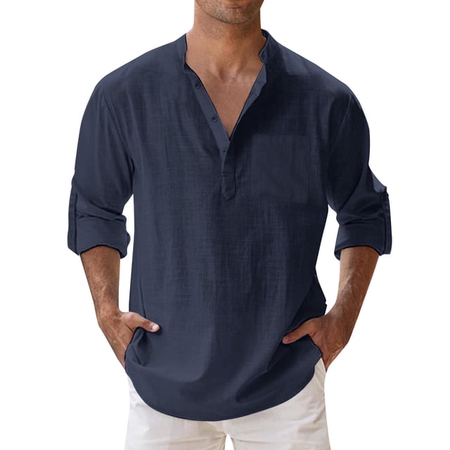 2025 Men Shirts Mens Spring Loose Stand Mens Romper Jumpsuit Collar Solid Color Pocket Shirt Mens Long