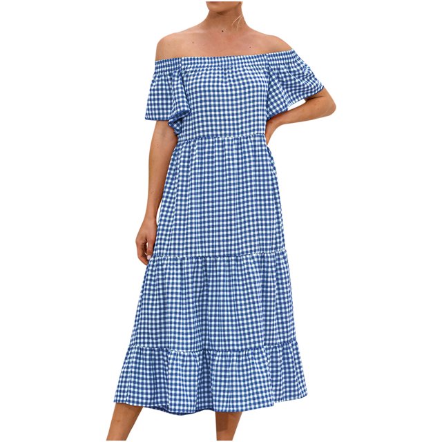 Fridja Womens Shoulder Neck Short Sleeve Plaid Print Flowy Dress
