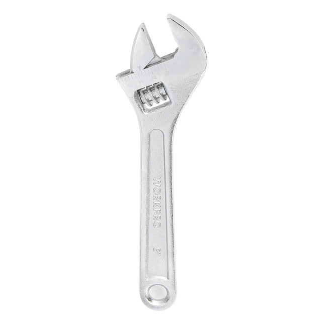 WorkPro 6" Adjustable Wrench made of drop forged steel with corrosion-resistant satin chrome finish, featuring knurled worm guide for quick jaw adjustment and laser-etched dual inch and metric size markings, suitable for tightening and loosening fasteners in tight spaces.