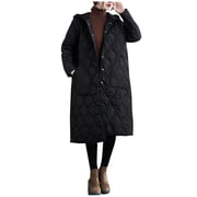 JGGSPWM Women's Plus Size Winter Casual Quilted Jackets Long Sleeve Button Down Puffer Jacket Padded Outerwear Coats Black L