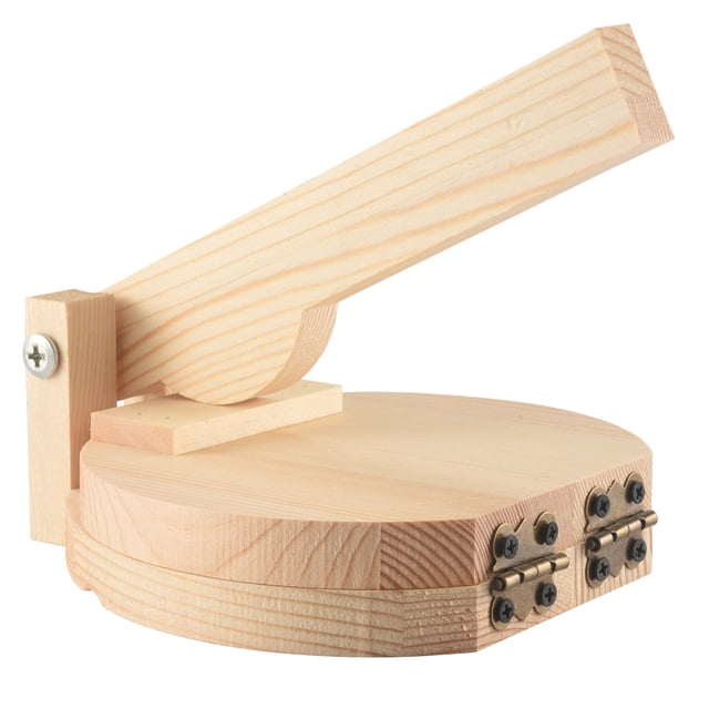 Wood Tortilla Press Dumpling Skin Maker Presser Chapati Roti Taco Corn Maker Pressing Tools Kitchen Gadget Accessories. Made of high-quality wood with a smooth surface, this 6-inch wide press features a flat pressing area and a longer handle for easy grip. Ideal for making tortillas, dumpling wrappers, empanadas, and more. Portable and suitable for home use, picnics, or themed parties. The natural wood finish and sturdy hinges enhance its durability and classic style.