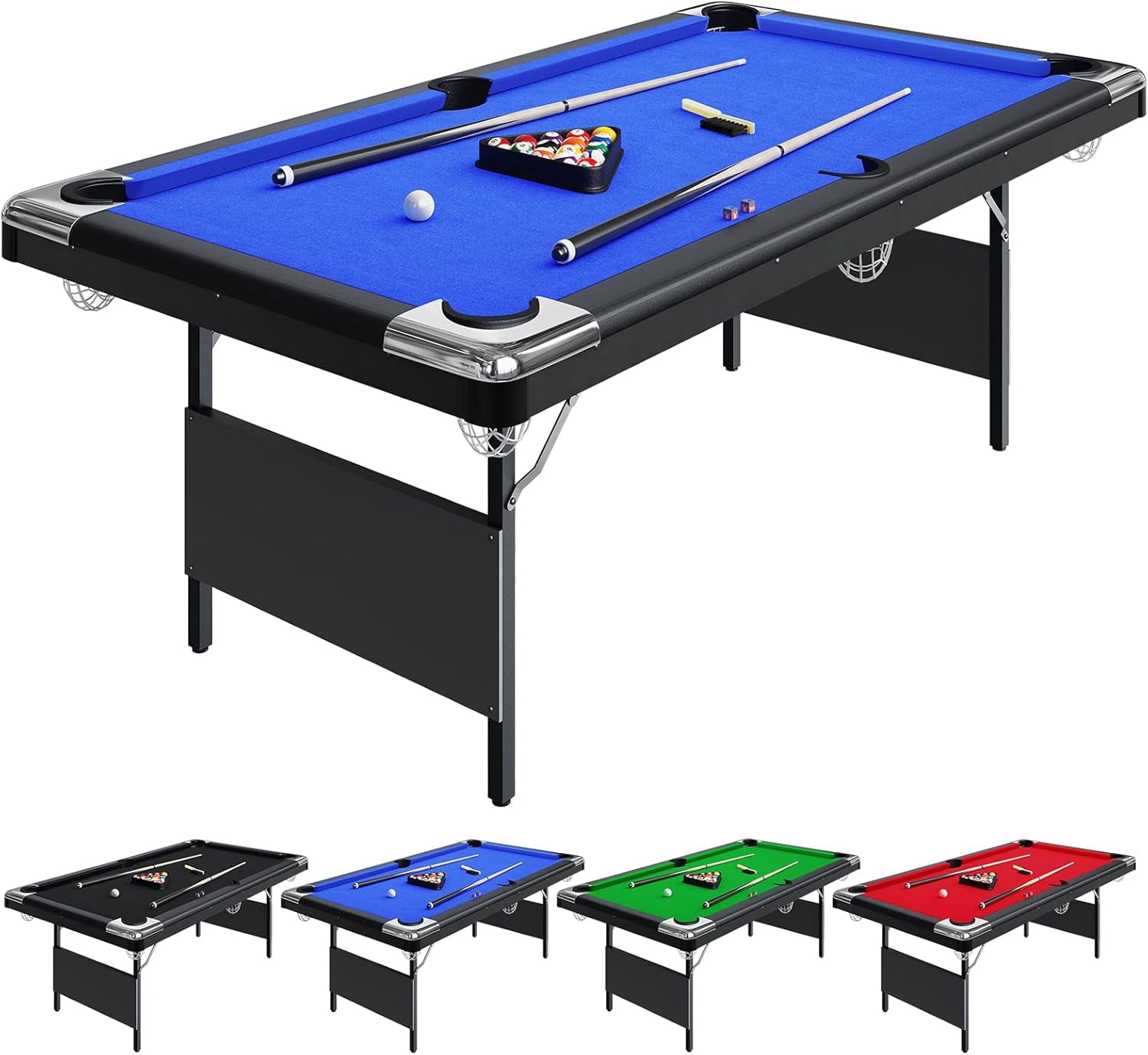 6 Ft Billiards Table, Portable Foldable Pool Table, Pool Tables for Full Size, Includes Full Set of Billiard Balls, Cues, Chalk & Brush for Family Game Room