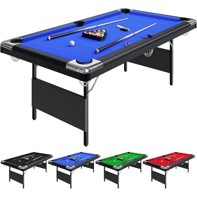 6 Ft Billiards Table, Portable Foldable Pool Table, Pool Tables for Full Size, Includes Full Set of Billiard Balls, Cues, Chalk & Brush for Family Game Room