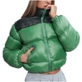 thumbnail image 1 of FAIWAD Puffer Jacket for Womens Long Sleeve High Neck Zip Up Patchwork Short Warm Down Coat, 1 of 6
