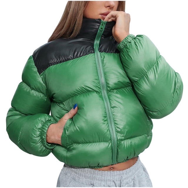 FAIWAD Puffer Jacket for Womens Long Sleeve High Neck Zip Up Patchwork Short Warm Down Coat