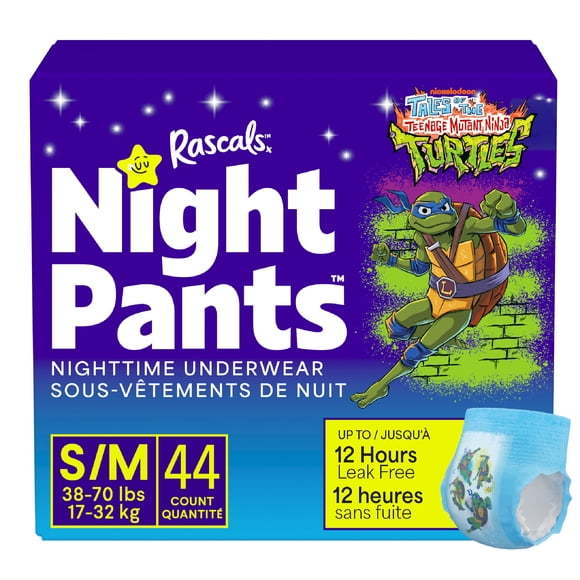 Rascals Night Pants, Absorbent Boys Nighttime Bedwetting Underwear, Teenage Mutant Ninja Turtles, S/M, 44 Count