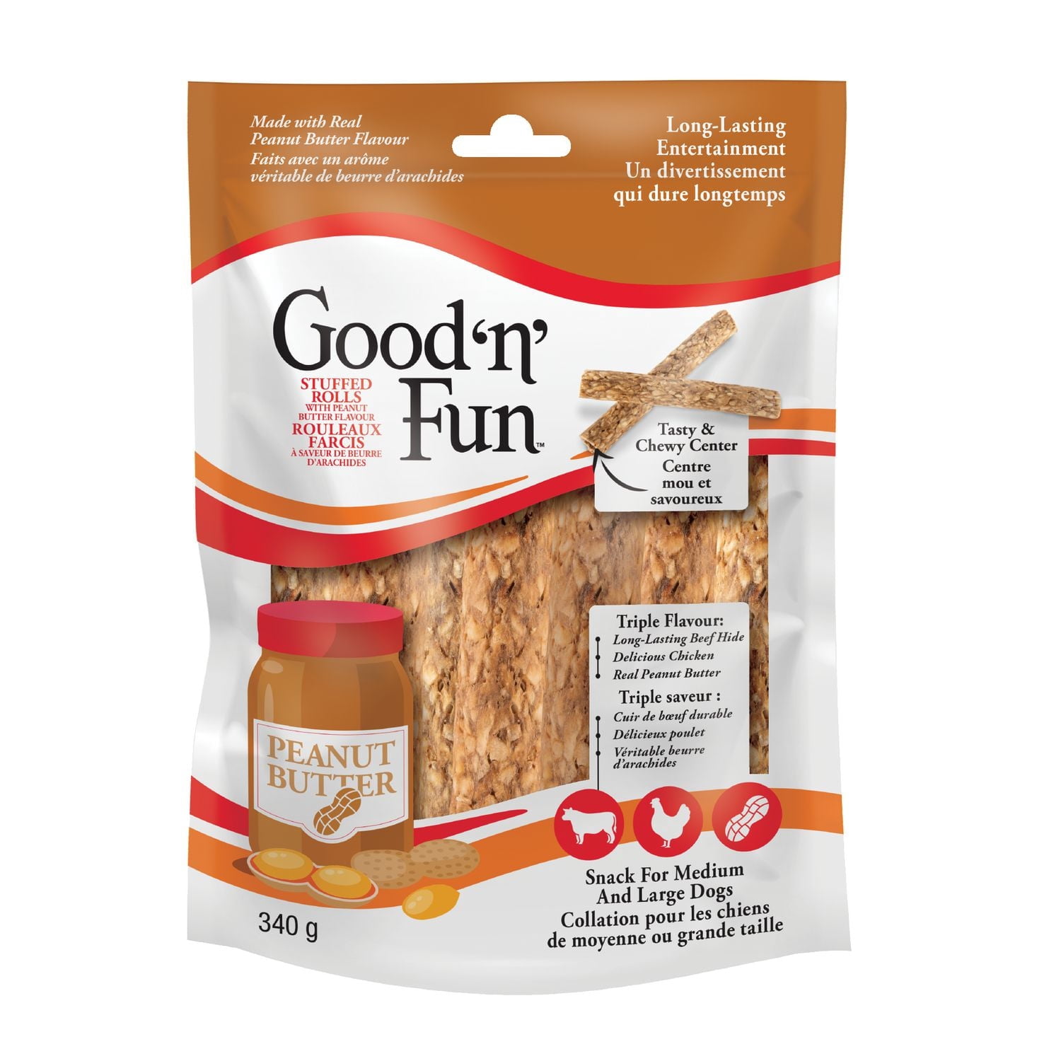 Good'N'Fun Triple Flavour Stuffed Rolls for Medium and Large Dogs, 12 Ounces, Treat Your Dog to Long-Lasting Chews Made with Beef Hide, Chicken and Peanut Butter