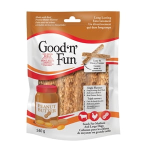 Good'N'Fun Triple Flavour Stuffed Rolls pour chiens moyens et grands, 12 Ounces, traitez votre chien à des chips longs faits avec de la peau de boeuf, du poulet et du beurre d'arachide