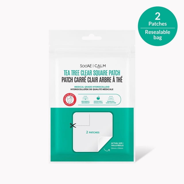 Soo'AE Patch Carré Transparent pour Arbre à Thé, Sac Refermable Contenant 2 Patchs Hydrocolloïdes de Qualité Médicale, Chacun 50 mm par 50 mm, Conçu pour Absorber, Dissoudre et Cicatriser Sans Couture la Peau avec de l'Huile d'Arbre à Thé, Présenté en Emballage Blanc et Sarcelle avec Texte Bilingue Anglais et Français.