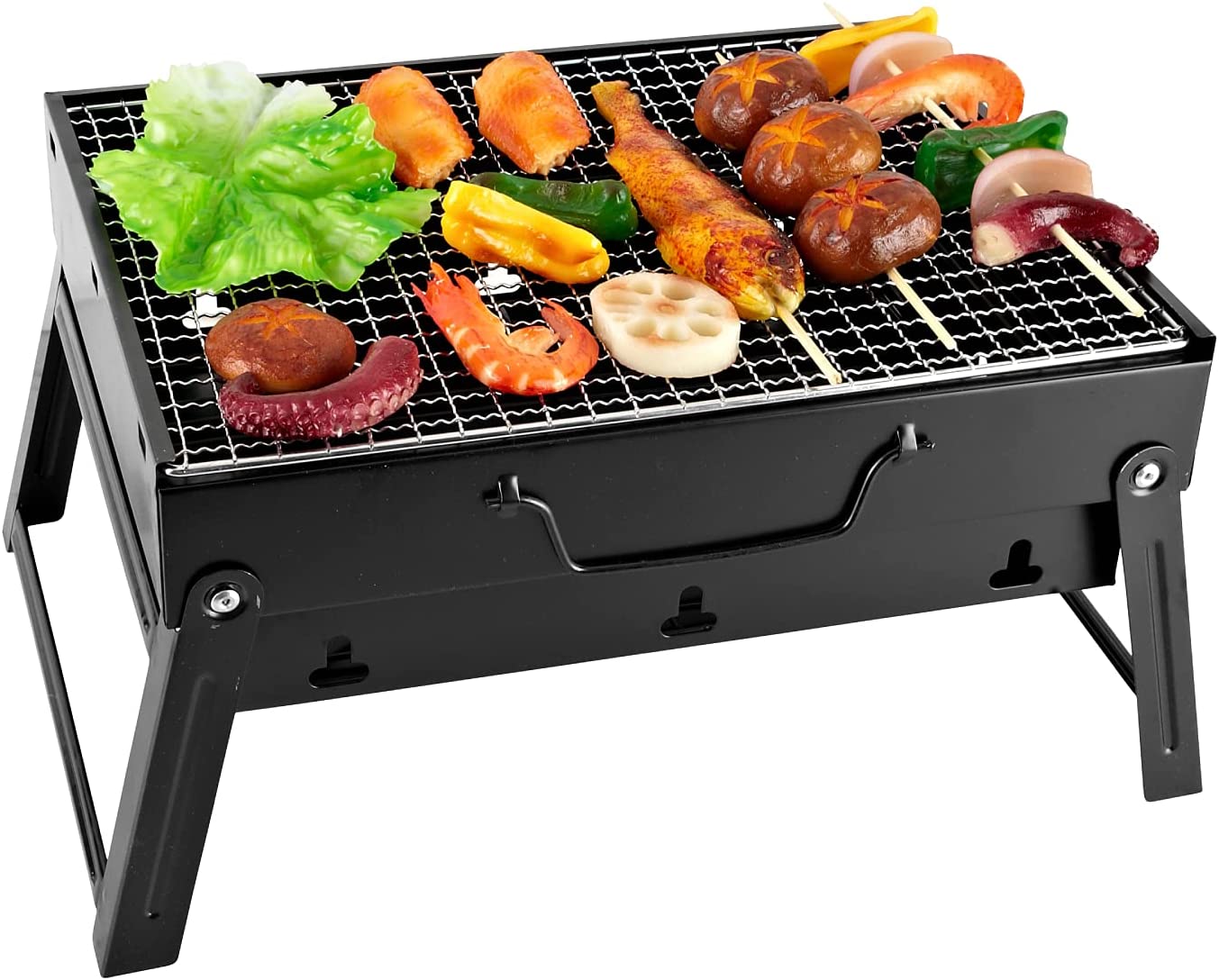 Portable Barbecue Mini Foldable Charcoal Grill BBQ Grill Demountable Tabletop Grill 35 x 27 x 19.5 cm for Garden, Balcony, Travel, Camping - Black