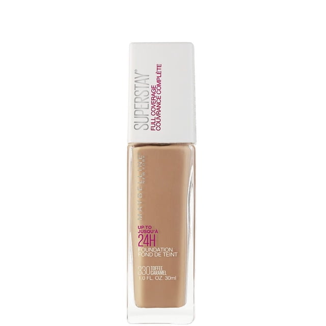 Maybelline New York Super Stay® Full Coverage Foundation, 30 ml in shade 330 Toffee Caramel, in a clear rectangular glass bottle with a white cap and magenta and silver text, offering up to 24-hour wear and full coverage liquid foundation for a flawless face finish.
