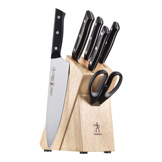 HENCKELS Dynamic 7 Piece Knife Block Set, Nature, featuring a compact rubberwood block with six slots holding high-quality stainless steel knives and kitchen shears. Includes a 4-inch paring knife, 5-inch serrated utility knife, 6-inch utility knife, 8-inch bread knife, 8-inch chef's knife, and ergonomic kitchen shears. The knives have precision-stamped blades, triple-rivet handles, and a satin-polished finish for durability and sharpness. Ideal for small kitchen spaces.