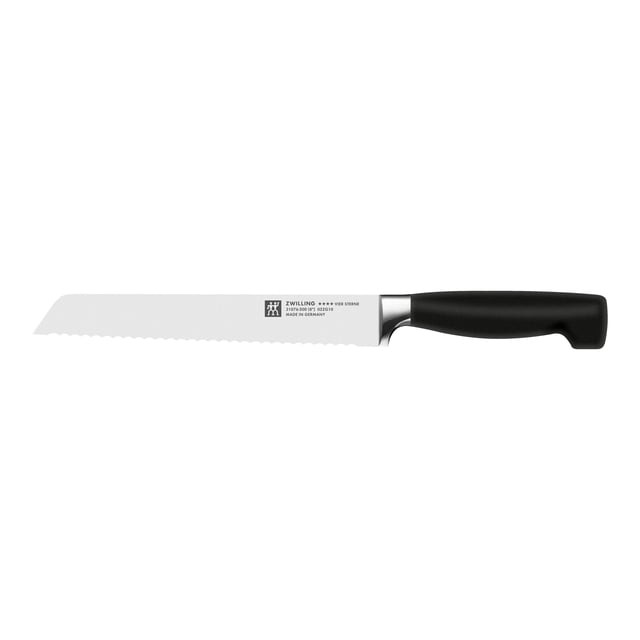 ZWILLING Four Star 8 inch Bread Knife featuring a serrated blade made from German special formula high-carbon, no-stain steel. The knife has an ergonomic black polypropylene handle and is precision-forged from a single piece of steel. Designed for cutting through crusty bread, tomatoes, and other foods with tough exteriors and soft interiors. Manufactured in Germany.