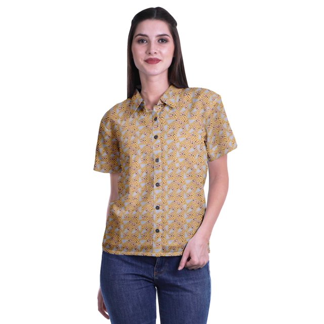 Moomaya Chemise à Manches Mi-Longues Imprimée pour Femmes, Col Boutonné, Haut Décontracté