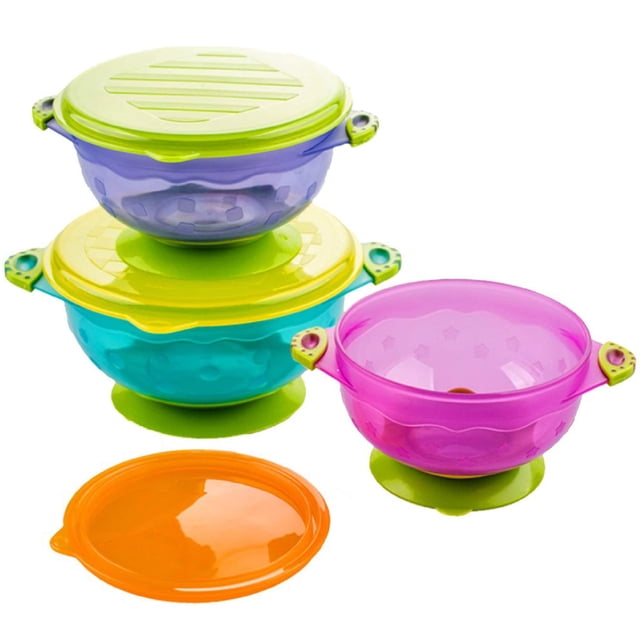 Baby Bowl Set, Baby Sucker Bowl Anti Slip 3Pcs for Toddler. This set includes three vibrant bowls in purple, blue, and pink, each with a secure lid and a strong silicone suction base to prevent spills. The bowls feature double ear anti-scalding handles for safe and comfortable use by toddlers. The dust-proof lids ensure hygienic storage of food, fruits, and snacks. Ideal for toddler feeding, the design prevents tipping or sliding during meals.