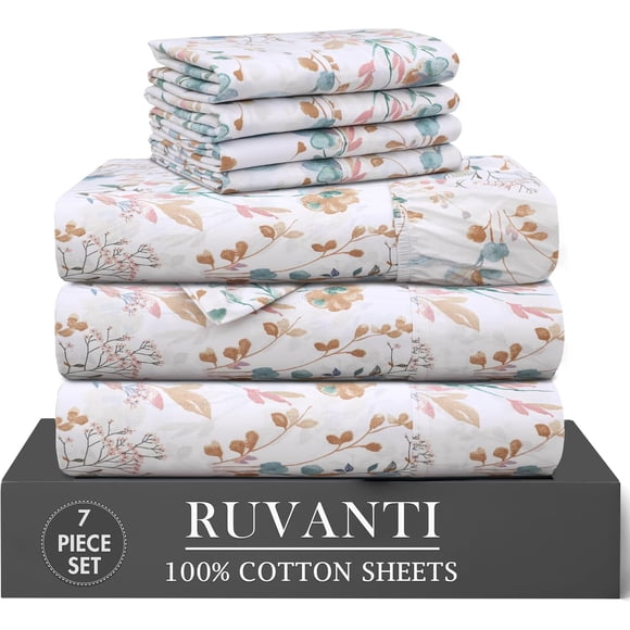 RUVANTI 7 Pcs Cotton Sheets - 100% Natural Cotton Soft, Lightweight & Breathable Crispy Percale Bed Sheets, Split King Sheets for Adjustable Bed 16" Deep Pockets, Radiant