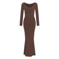 thumbnail image 3 of YFELWZ Robe Longue Dos Nu à Manches Longues Col en V Aguichant pour Femmes Grande Taille Marron G, 3 of 8