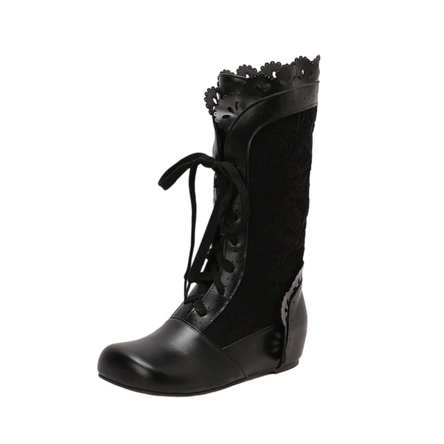 LOVZFMLL Bottes pour Femmes Mi-Mollet Bottes d'Hiver à Lacets Bout Rond Sangles Ajustables Talon Plat Mode Automne Hiver Bottes Chaussures