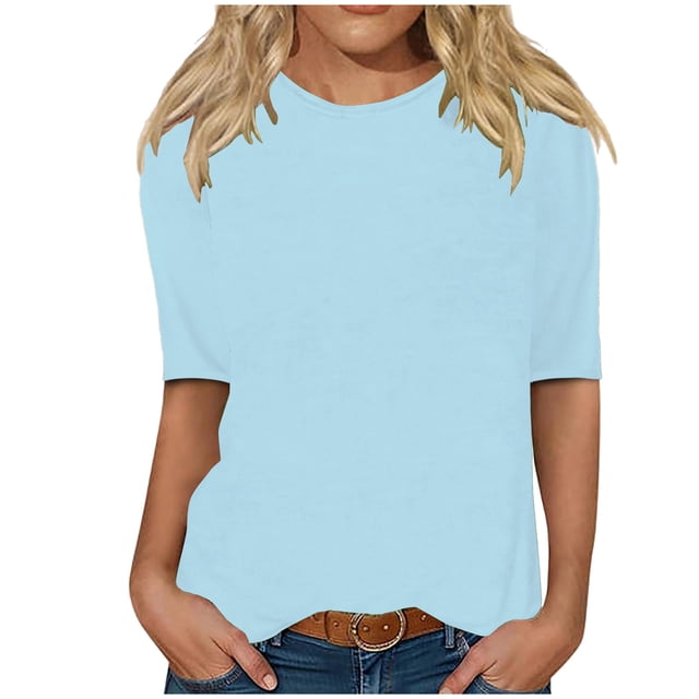CFLVAEK Elbow Length Sleeve T Shirts Womens Solid Color Shirt Loose Fitted Basic Round Neck Blouses