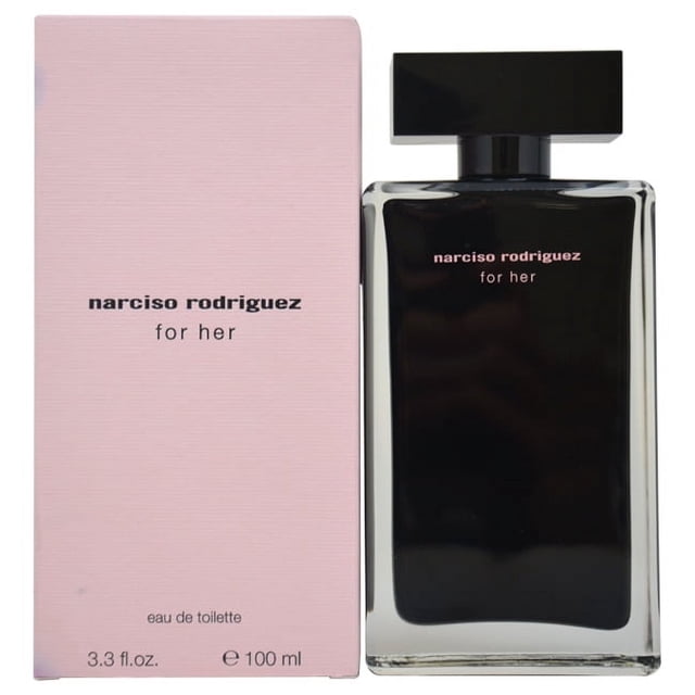 Narciso Rodriguez par Narciso Rodriguez pour Femmes - Vaporisateur EDT 3,3 oz. un Parfum floral Boisé Lancé en 2003, Présentant des notes d'Osmanthus, de Fleur de Miel, d'Ambrelyn, de Musc Solaire, de Bois Tactiles, de Fleur d'Oranger, de Vanille, de Musc tactile et de Vétiver. l'Image Montre une Bouteille de Parfum Noire Élégante avec un design Rectangulaire et un Bouchon Noir Assorti, Placée à Côté d'Une Boîte Rose Douce avec le Nom du Produit Imprimé en Texte