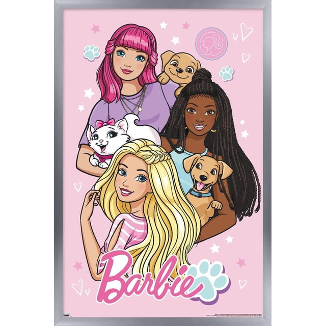 Mattel Barbie - Cute Wall Poster, 22.375" x 34" depicting three girls with different hairstyles holding two puppies and a white cat, on a pink background with stars, hearts, paw prints, and a Barbie silhouette, featuring the Barbie logo in pink and blue at the bottom, ideal for bedroom or dorm wall decoration.