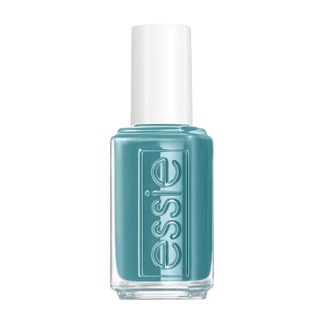 essie expessie quick-dry nail polish in midtone teal cream finish with white cap and embossed essie logo on clear glass bottle, featuring a patented angled brush for fast drying and easy application, ideal for quick, on-the-go manicures