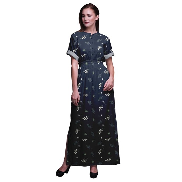 Bimba Robe Longue Maxi en Rayonne Imprimée de Feuilles de Pacanier pour Femmes avec Fente Latérale - X-Grand