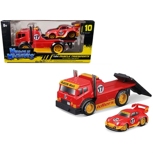 JDM Flatbed Truck #17 Red ""RAUH-Welt BEGRIFF"" and Porsche RWB 911 993 #17 Red ""Muscle Transports"" Series 1/64 Diecast Model Cars by Muscle Machines