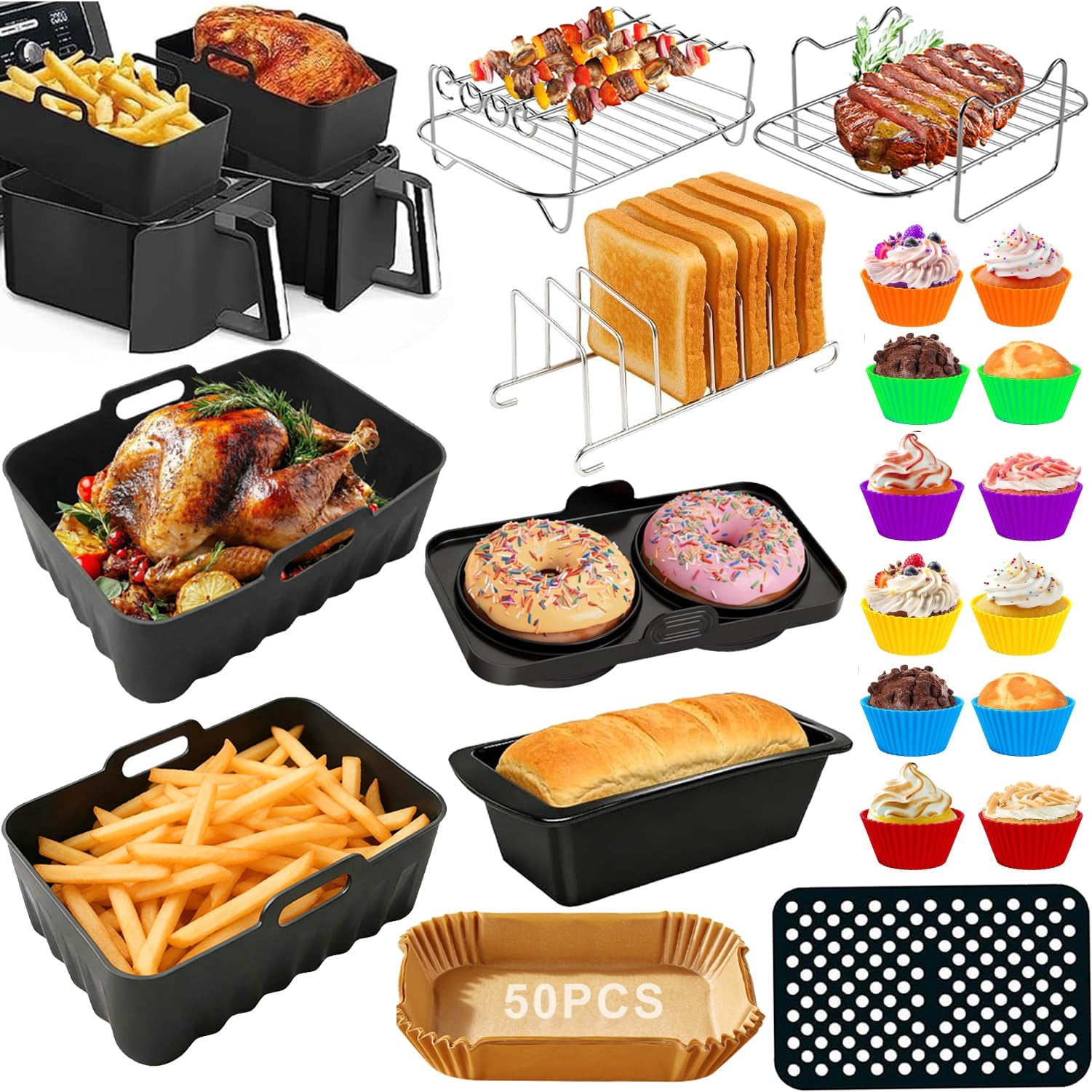 Dual Air Fryer Accessories, Reusable Compatible for Ninja Foodi DZ201, DZ401, DZ550, DZ302, COSORI 9QT, Chefman, Instant, and 6-in-1 8-10QT Dual Basket Air Fryersr,Silic