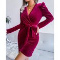 thumbnail image 4 of FcBaudy Robe à Manches Longues à Col en V, Robes d'Été pour Femmes, Robes pour Femmes Mode Féminine Robe Moulante en Velours à Manches Bouffantes Robe de Fête Petite Robe Robe à Manches Longues Robe à Col en V Robe Femme, 4 of 6