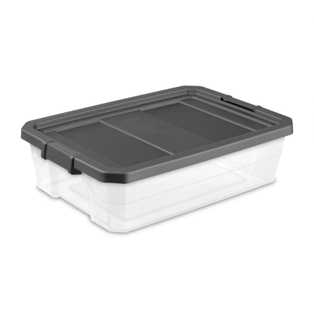 Sterilite 40 Qt Clear Plastic Under Bed Storage Tote with latch lid, featuring a flat gray lid and clear base design. Crafted from durable plastic, it offers secure storage with robust latches and easy visibility of contents. Perfect for stacking and organizing bulky items like linens, tools, and seasonal storage. Dimensions: 25.70 x 18.30 x 7.20 inches.